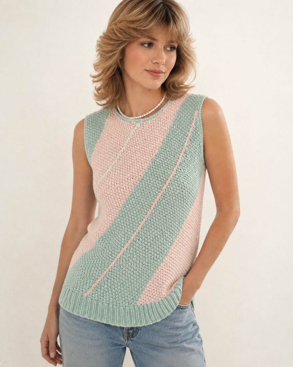 Vintage 80s Handknit Extra Touch Women's Striped Acrylic Sweater Vest 40 Sz L